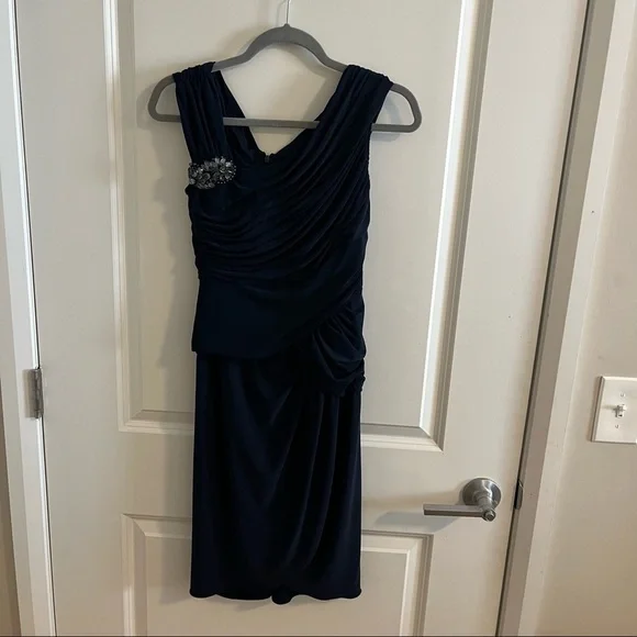 Adrianna Papell | Dresses | Adrianna Papell Womens Navy Blue Draped Jeweled Tulip  Hem Evening Dres | Poshmark